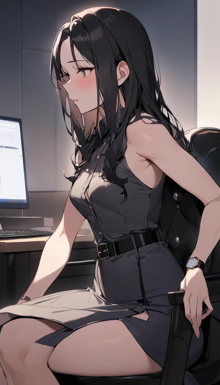 ((Highest quality)), ((masterpiece)), (detailed) Cowboy Shot, 黒髪Long Hair {{{Small breasts}}}{{{slitの入ったロングスカート}}} Contemporary mature adult woman sitting in chair officeカジュアル{{{スレンダーなofficeレディ}}Exposing shoulders 深いslitの入った膝下スカート Long Hair {{{No sleeve}}}office {{{No sleeveボタンシャツ}}} belt slit watch Exposed arms From Side