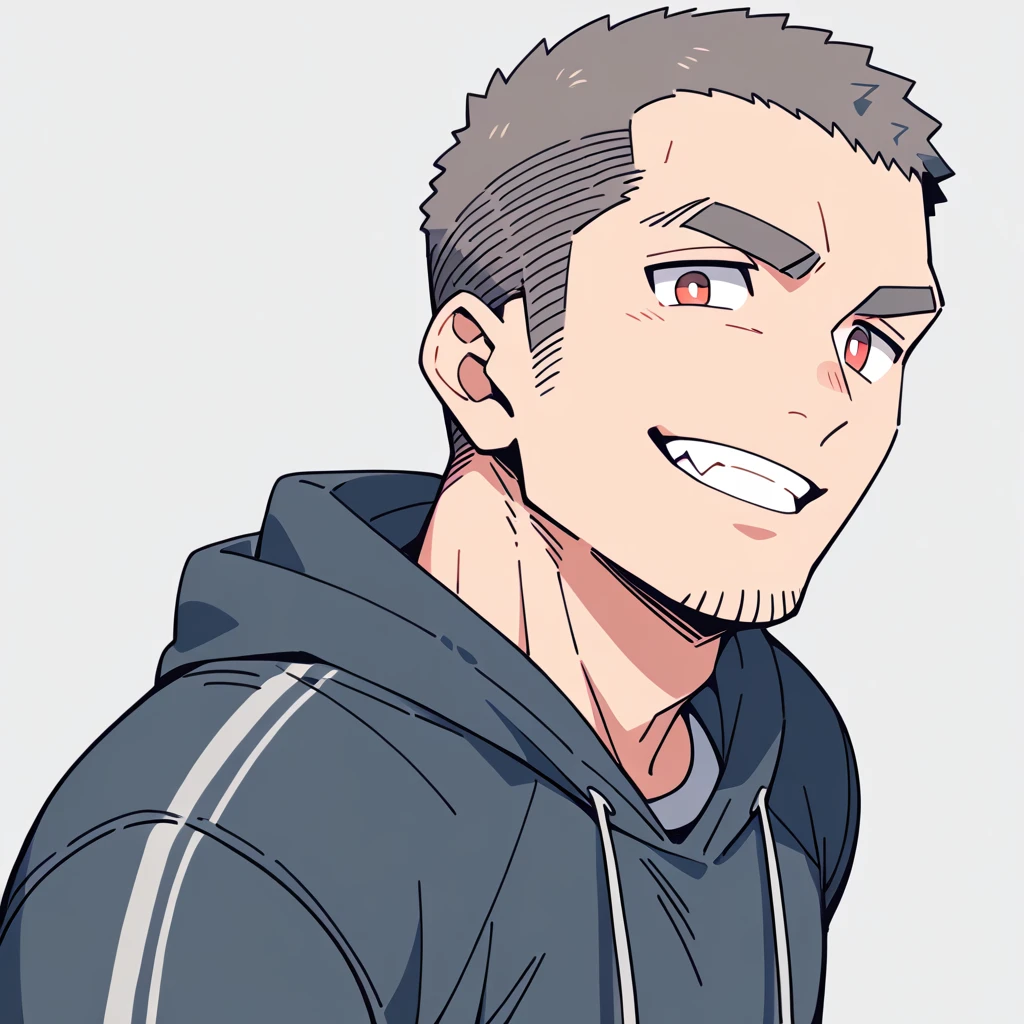 anime characters:Priapus, Muscle Sports Student, Buzz Cut, Manliness, male focus, Sports tight hooded sweatshirt, Wear a high-necked tights underneath, Very tight, full and perky chest muscles, muscular male, muscular, only, Upper body, alone, Red short hair, Thick eyebrows, stubble, Brown-red pupils, White background, simple background, amazing quality, best aesthetics, Ridiculous, crew cut, smirk, bright pupils, grin, negative space, negative space, best quality