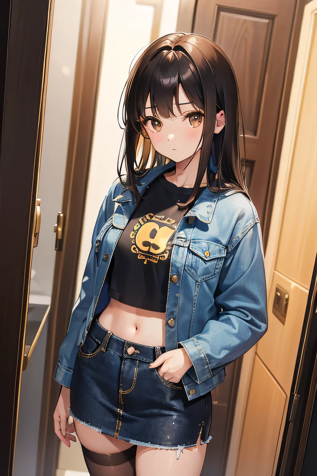 high quality, until, beautiful girl, shy look, Brown eyes, long dark brown hair, fringe very raised on one side, wearing short denim jacket, blue plank mini skirt, black navel-type blouse with gold prints. black thigh high leggings, modeling in childish form, in the background a clothing fitting room, close shot