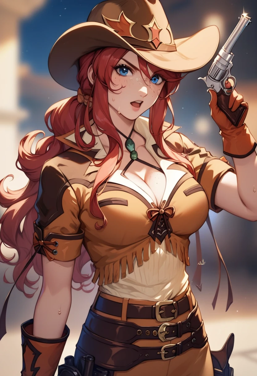 score_9, score_8_up, score_7_up, very aesthetic, source_anime, detailed, high quality, beautiful, masterpiece, detailed eyes,
(Simple dark background), blurry background,
cowboy shot, upper body, (light smile), facing the viewer, looking at the viewer,
gemini sunrise, red hair, long hair, blue eyes, freckles, sidelocks, big breasts, cleavage,
belt, thigh strap, cowboy hat, cowboy boots, fringe trim, gloves, miniskirt, (revolver gun), zPDXL