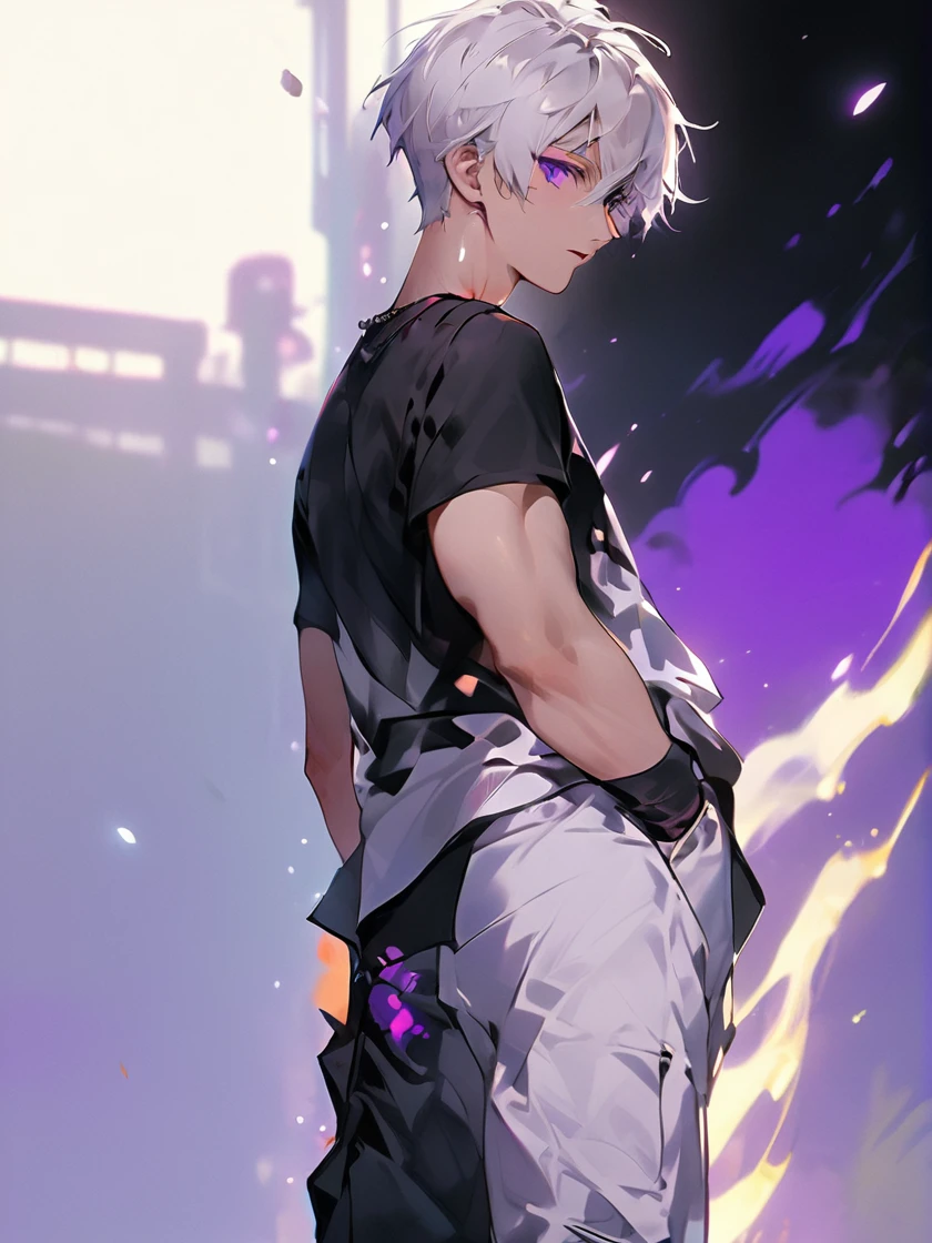 ((8k resolution masterpiece)) 1male, full body art, anime, Young adult, midnight purple eyes, wild short white hair, mid length white hair, defined dody, slim toned, light skin, casual expression, black tank top, black cargo pants, 