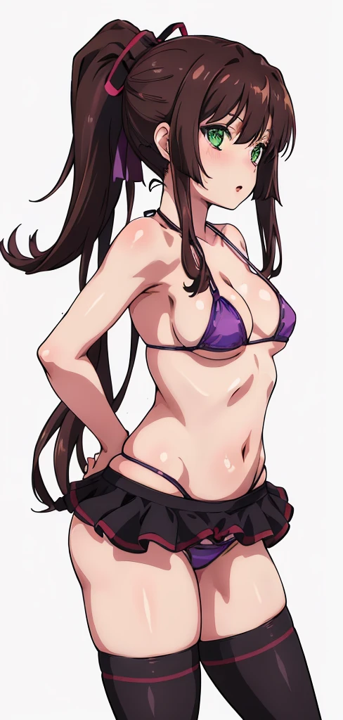 masterpiece, best quality,1girl,solo,kirasaka sayaka,brown hair,long hair,ponytail, hair ribbon, green eyes,,purple thighhighs, wariza, (bikini).