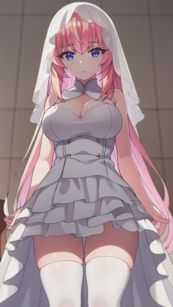 A girl,Long hair, Bangs, Pink Hair, Hair between the eyes, s eyes,蓝色s eyes:(1.5), (Large Breasts:1.2),
rest 锁骨, Wedding dress,veil,wedding,White Dress,Flowers,The skirt is broken,White socks,Tights,White knee socks,
Looking at the audience, whole body,
indoors, church,permanent,permanent,
rest (masterpiece:1.2), best quality, high resolution, Unity 8K wallpaper, (illustration:0.8), (美丽细致s eyes:1.6), Extremely detailed face, Perfect lighting, Extremely detailed CG, (Perfect hands, Perfect anatomical structure),