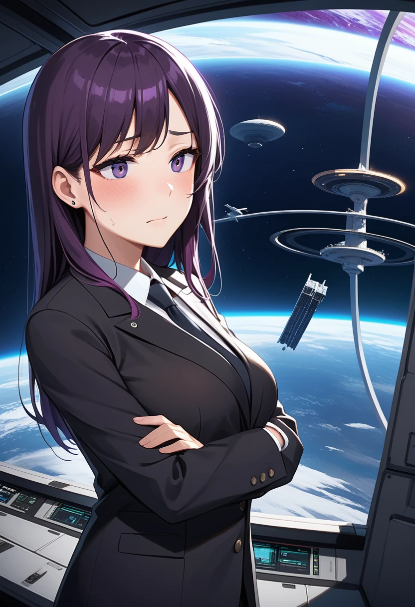 (high quality,Very detailed:1.37, High resolution), Woman, (mature:2.0), (Sakaki Yumiko:1.5), (very long hair:1.5), (dark purple hair:2.5), purple eyes, large breasts, military uniform, pants, (wetting herself:1.5), standing, (arms crossed:1.5), (embarrassed:1.5), (humiliation:1.5), (constricted pupils:1.5), (sweating:1.5), shaking, (trembling:1.5), (blushing:1.5), Meticulous details, (extremely detailed eys:1.37), space station, interior, science fiction, futuristic