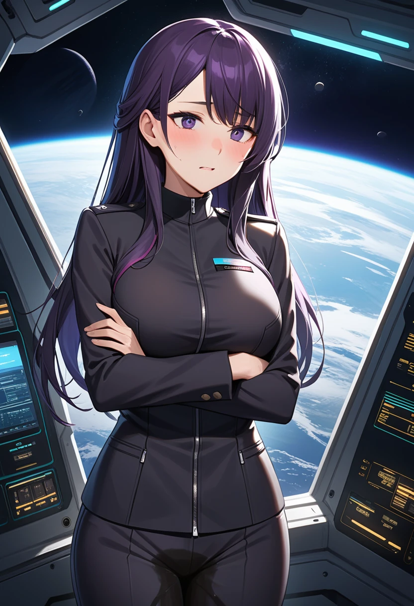 (high quality,Very detailed:1.37, High resolution), Woman, (mature:2.0), (Sakaki Yumiko:1.5), (very long hair:1.5), (dark purple hair:2.5), purple eyes, large breasts, military uniform, pants, (wetting herself:1.5), standing, (arms crossed:1.5), (embarrassed:1.5), (humiliation:1.5), (constricted pupils:1.5), (sweating:1.5), shaking, (trembling:1.5), (blushing:1.5), Meticulous details, (extremely detailed eys:1.37), space station, interior, science fiction, futuristic