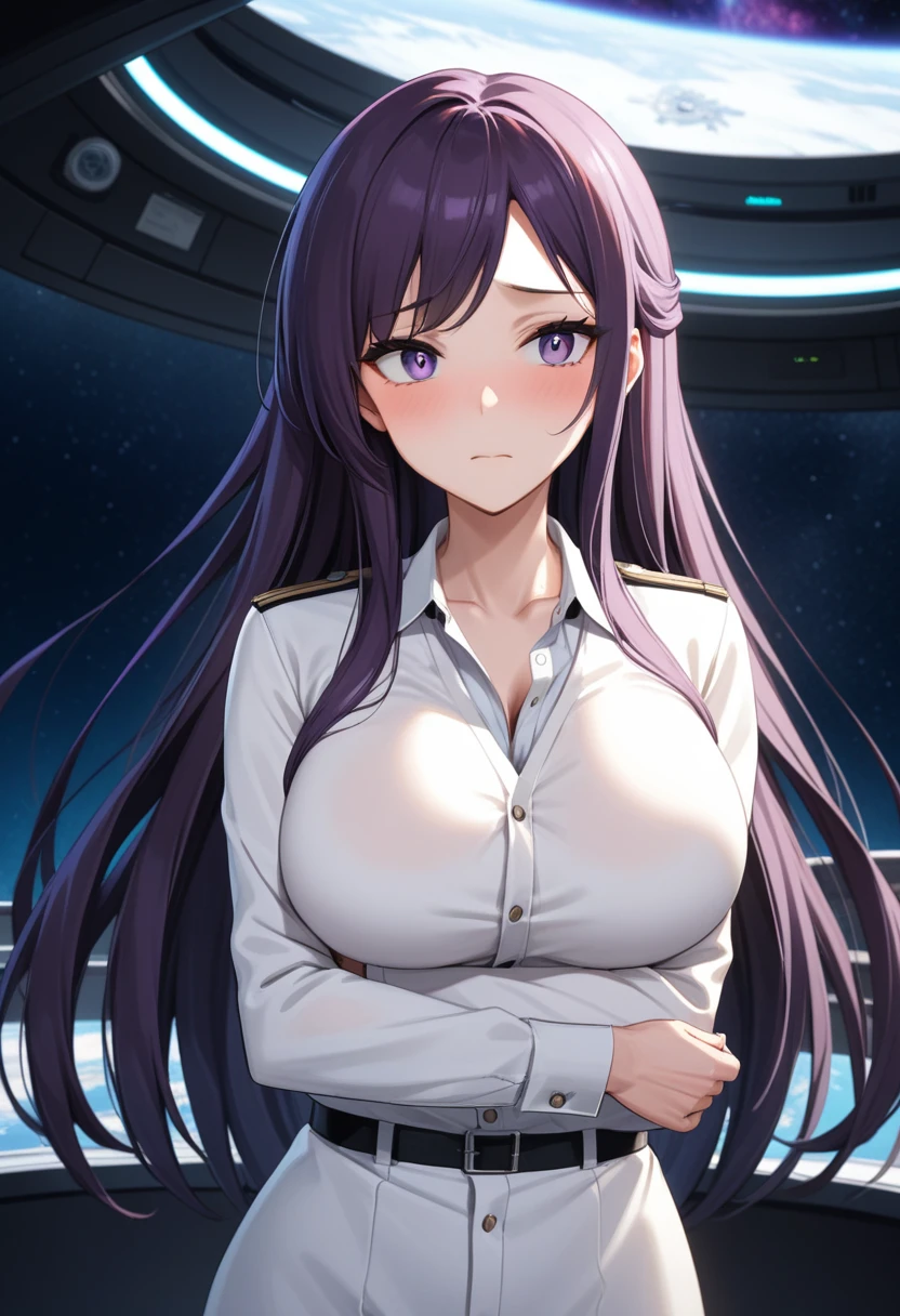 (high quality,Very detailed:1.37, High resolution), Woman, (mature:2.0), (Sakaki Yumiko:1.5), (very long hair:1.5), (dark purple hair:2.5), purple eyes, large breasts, military uniform, pants, (wetting herself:1.5), standing, (arms crossed:1.5), (embarrassed:1.5), (humiliation:1.5), (constricted pupils:1.5), (sweating:1.5), shaking, (trembling:1.5), (blushing:1.5), Meticulous details, (extremely detailed eys:1.37), space station, interior, science fiction, futuristic