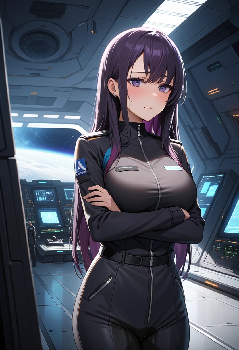 (high quality,Very detailed:1.37, High resolution), Woman, (mature:2.0), (Sakaki Yumiko:1.5), (very long hair:1.5), (dark purple hair:2.5), purple eyes, large breasts, military uniform, pants, (wetting herself:1.5), standing, (arms crossed:1.5), (embarrassed:1.5), (humiliation:1.5), (constricted pupils:1.5), (sweating:1.5), shaking, (trembling:1.5), (blushing:1.5), Meticulous details, (extremely detailed eys:1.37), space station, interior, science fiction, futuristic