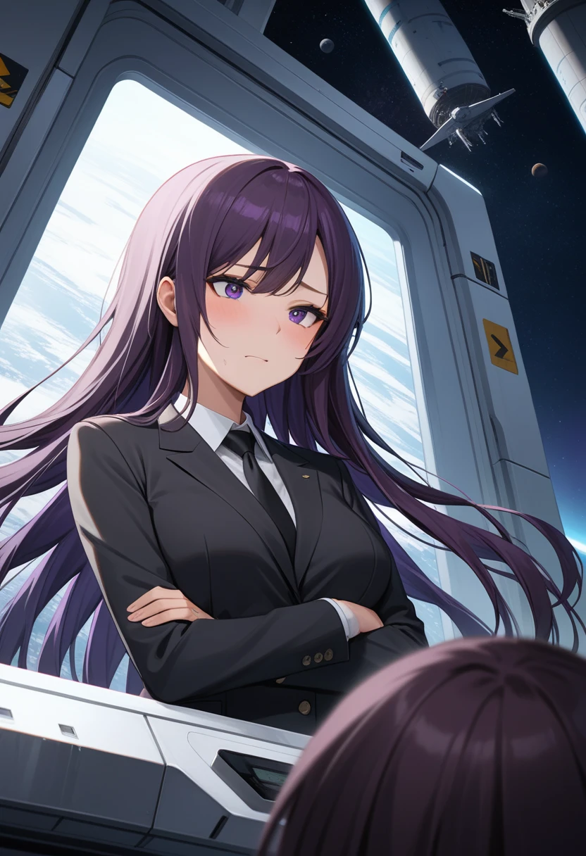 (high quality,Very detailed:1.37, High resolution), Woman, (mature:2.0), (Sakaki Yumiko:1.5), (very long hair:1.5), (dark purple hair:2.5), purple eyes, large breasts, military uniform, pants, (wetting herself:1.5), standing, (arms crossed:1.5), (embarrassed:1.5), (humiliation:1.5), (constricted pupils:1.5), (sweating:1.5), shaking, (trembling:1.5), (blushing:1.5), Meticulous details, (extremely detailed eys:1.37), space station, interior, science fiction, futuristic