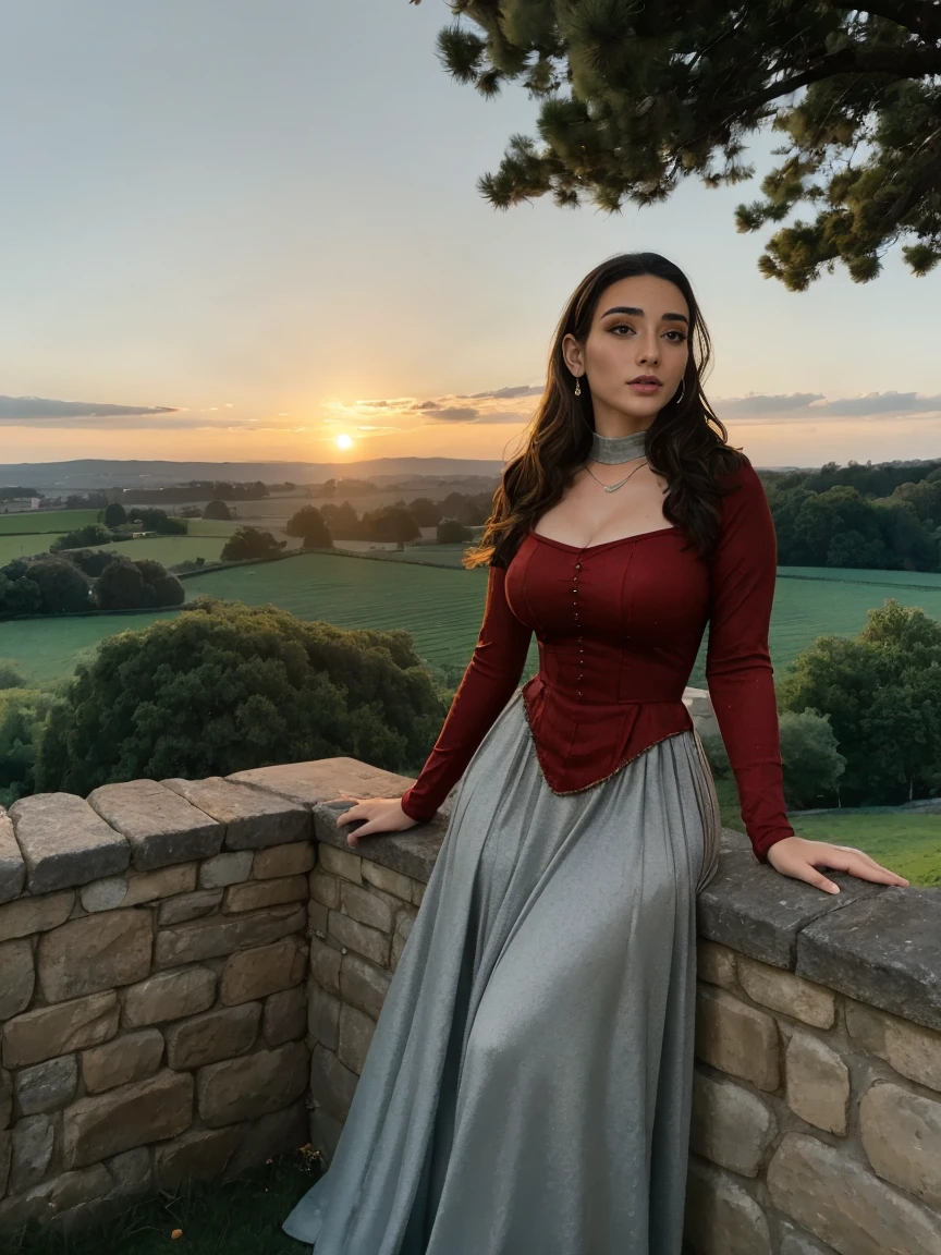 Gorgeous and sultry busty athletic (thin) brunette queen with sharp facial features wearing a modest updo, dark red medieval dress, long sleeves, intricate patterns, scrollwork, wide neck, crown, veil, long dress, modest dress, tight bodice, (silver waist chain), medieval jewelry, Middle Ages, castle, rampart, wall, exterior, on top of a castle wall, trees, countryside, evening, sunset.
