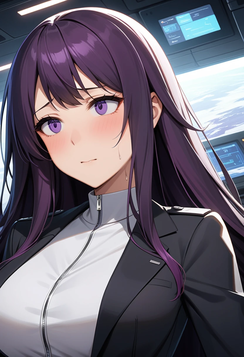 (high quality,Very detailed:1.37, High resolution), Woman, (mature:2.0), (Sakaki Yumiko:1.5), (very long hair:1.5), (dark purple hair:2.5), purple eyes, large breasts, military uniform, pants, (wetting herself:1.5), standing, (arms crossed:1.5), (embarrassed:1.5), (humiliation:1.5), (constricted pupils:1.5), (sweating:1.5), shaking, (trembling:1.5), (blushing:1.5), Meticulous details, (extremely detailed eys:1.37), space station, interior, science fiction, futuristic