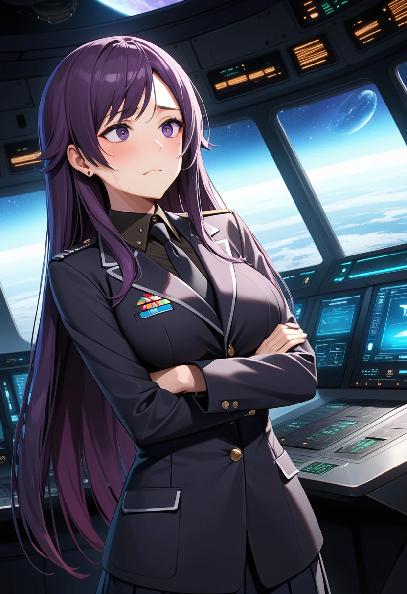 (high quality,Very detailed:1.37, High resolution), Woman, (mature:2.0), (Sakaki Yumiko:1.5), (very long hair:1.5), (dark purple hair:2.5), purple eyes, large breasts, military uniform, pants, (wetting herself:1.5), standing, (arms crossed:1.5), (embarrassed:1.5), (humiliation:1.5), (constricted pupils:1.5), (sweating:1.5), shaking, (trembling:1.5), (blushing:1.5), Meticulous details, (extremely detailed eys:1.37), space station, interior, science fiction, futuristic
