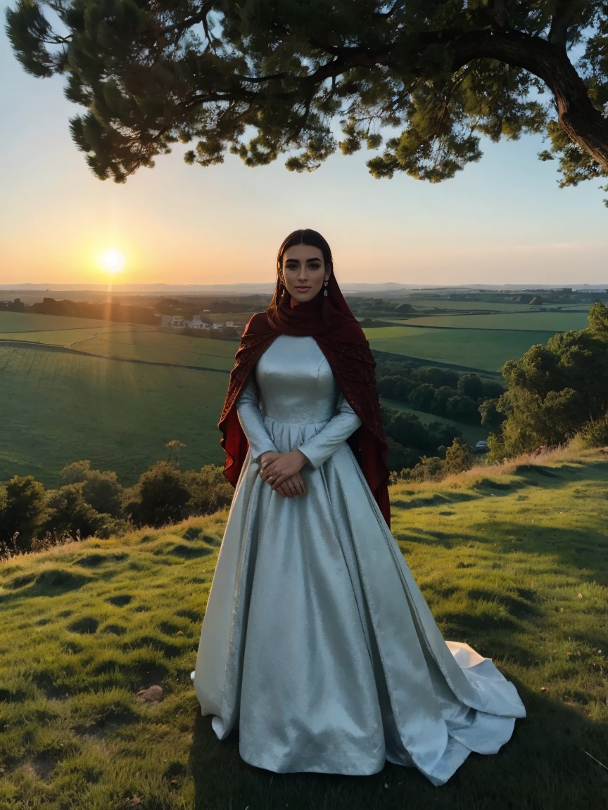 Gorgeous and sultry busty athletic (thin) brunette queen with sharp facial features wearing a modest updo, dark red medieval dress, long sleeves, intricate patterns, scrollwork, wide neck, crown, veil, long dress, modest dress, tight bodice, (silver waist chain), medieval jewelry, Middle Ages, castle, rampart, wall, exterior, on top of a castle wall, trees, countryside, evening, sunset.