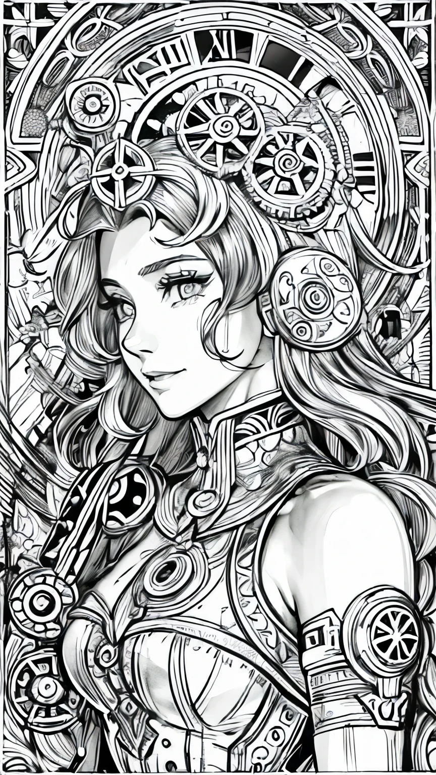 (Black and white coloring book:1.5), masterpiece, Highest quality, (Detailed Background), High Contrast, Highly detailed face, ((Eyes are clearly defined)), smile, Hair is white, whole body, Decorated with gears and clock parts、Sci-fi steampunk dress, Line drawings without color or shading, Beautiful line drawing, The outline is a thick line, Skinny