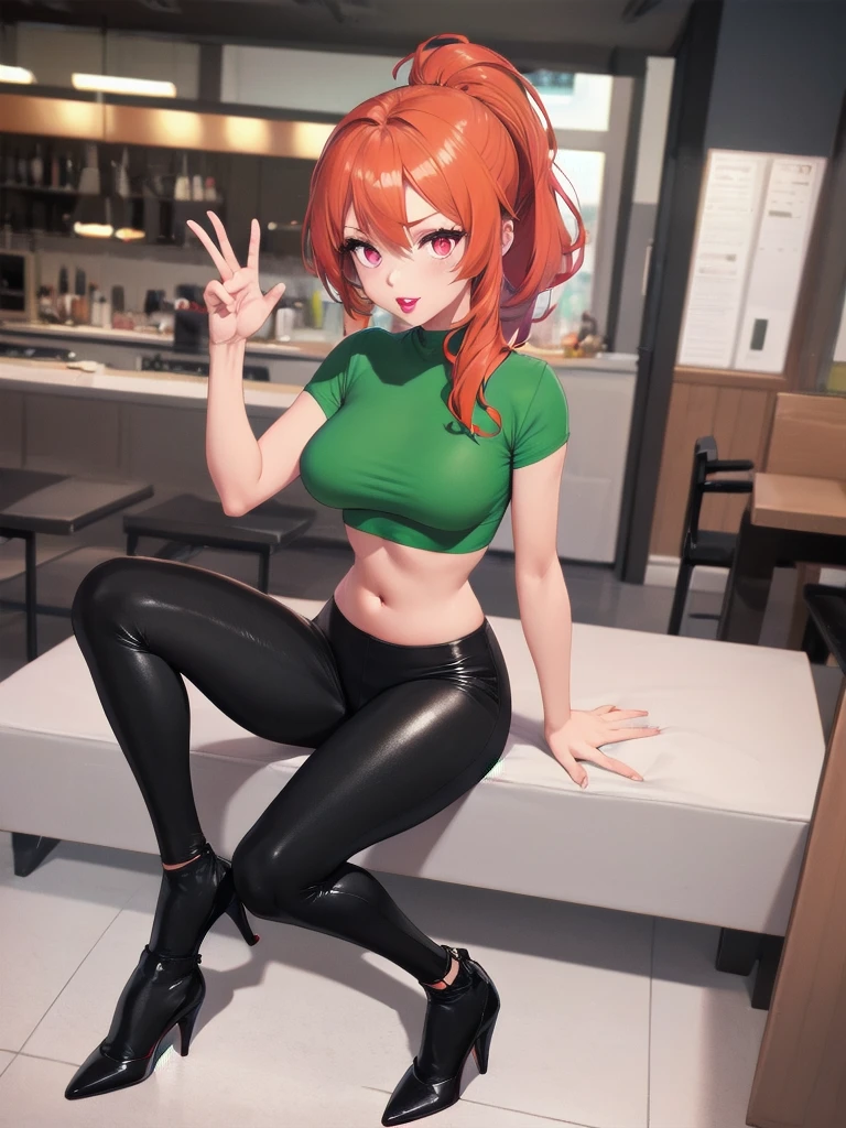  wide hips, thighs, Vicky, ponytail, lipstick, midriff, 1girl, green crop top, pink eyes, black pants, orange hair ,solo girl, sitting, open legs high heels