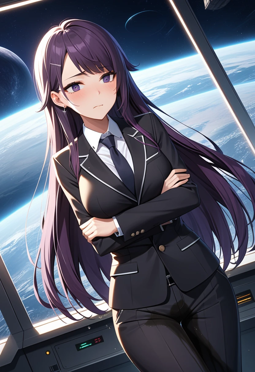 (high quality,Very detailed:1.37, High resolution), Woman, (mature:2.0), (Sakaki Yumiko:1.5), (very long hair:1.5), (dark purple hair:2.5), purple eyes, large breasts, tuxedo, necktie, pants, (wetting herself:1.5), standing, (arms crossed:1.5), (embarrassed:1.5), (humiliation:1.5), (constricted pupils:1.5), (sweating:1.5), shaking, (trembling:1.5), (blushing:1.5), Meticulous details, (extremely detailed eys:1.37), space station, interior, science fiction, futuristic