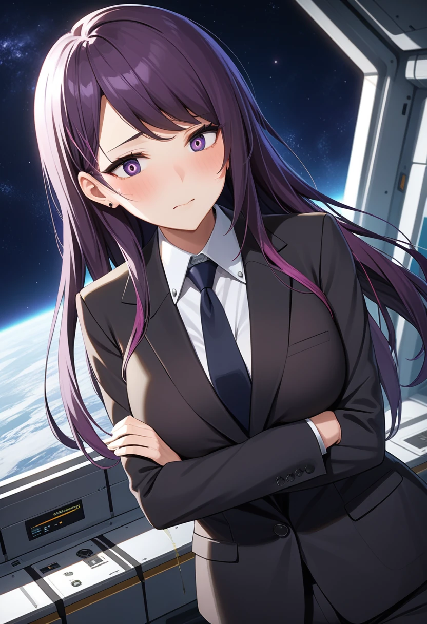(high quality,Very detailed:1.37, High resolution), Woman, (mature:2.0), (Sakaki Yumiko:1.5), (very long hair:1.5), (dark purple hair:2.5), purple eyes, large breasts, tuxedo, necktie, pants, (wetting herself:1.5), standing, (arms crossed:1.5), (embarrassed:1.5), (humiliation:1.5), (constricted pupils:1.5), (sweating:1.5), shaking, (trembling:1.5), (blushing:1.5), Meticulous details, (extremely detailed eys:1.37), space station, interior, science fiction, futuristic