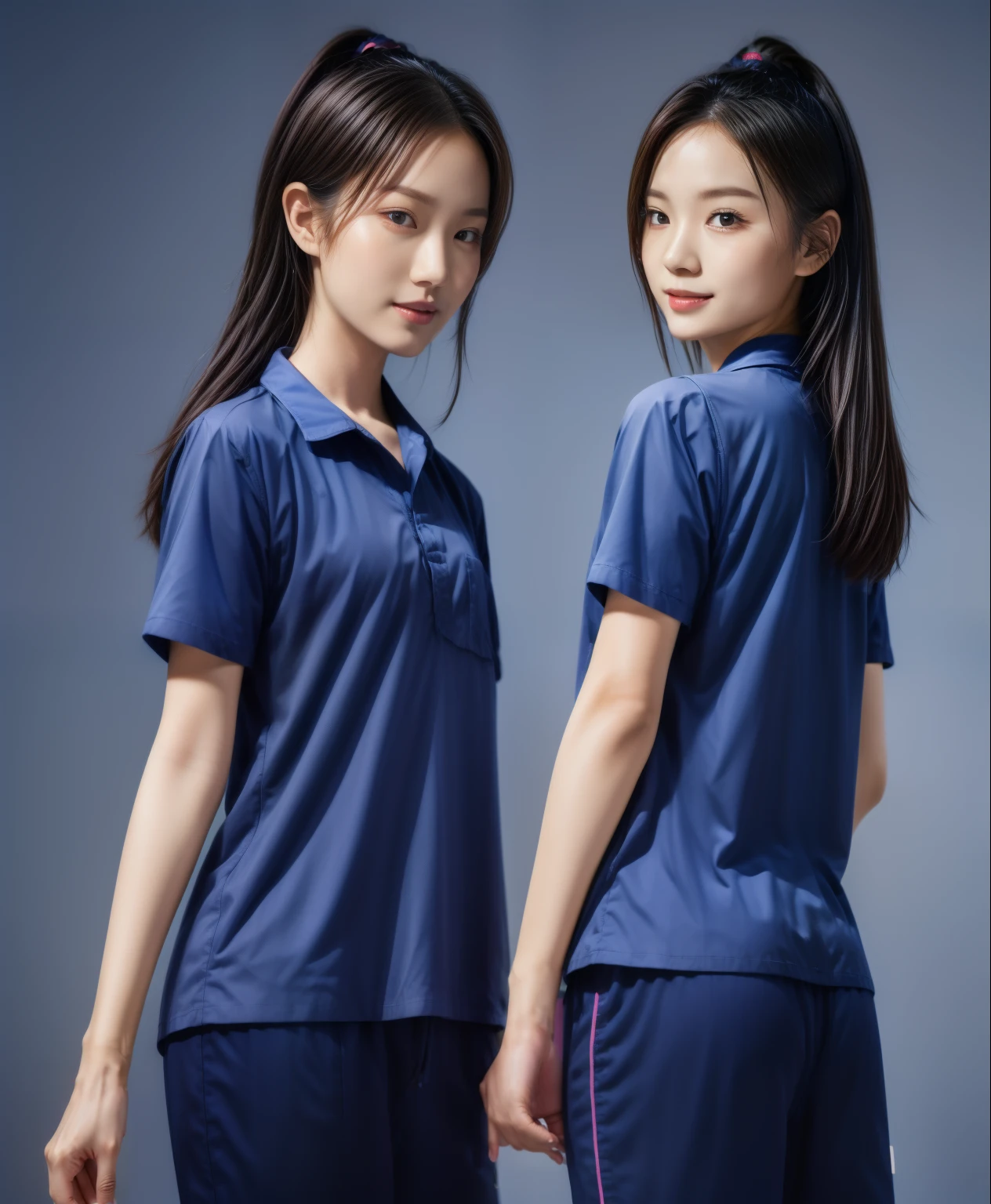 (best quality,10,10,height,Masterpiece:1.2),Special details,(realistic,ภาพrealistic,Realistic photos:1.37),1 Cute girl in the kitchen,shiny, ผิวshiny,only,smile softly,BDclothelue shirt:1.3)),short sleeve,shirt, กางเกงขาlong.,(navy_long_track pants:1.1), ((Kitchen Background)),Dynamic angle,excited,Face focus,dynamic poses,from behind,focus on ass,Masterpiece, best quality, ultra realistic, hyper detail, 8k resolution, raw photos, Sharp focus, ((Navy blue shirt:1.1)), short sleeve, เส้นทางlong, perfect body, 2 mature women, 18 years old, Cinema-grade lighting system,blue sweatpants,shirtผ้าออกกำลังกาย,correct anatomy,perfect body, correct body, Sharp face, correct bodyทางกายวิภาค, full body, realistic gestures, long-haired, realistic poses,Wear long shorts...........................,ช่วงขาlong,Good shape,carved girl, Slender figure, model, Good shape, beautiful body,blue sweatpants, two girls kissing