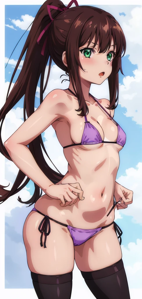 masterpiece, best quality,1girl,solo,kirasaka sayaka,brown hair,long hair,ponytail, hair ribbon, green eyes,,purple thighhighs, wariza, (bikini). 