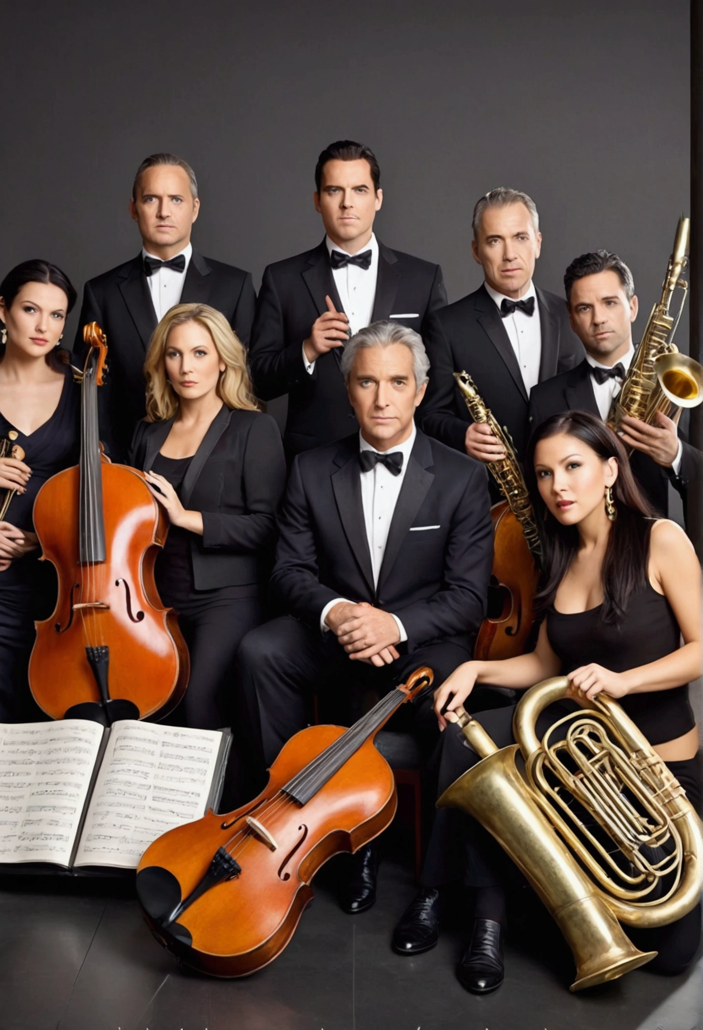 photorealistic image of a 12-piece mixed musical group