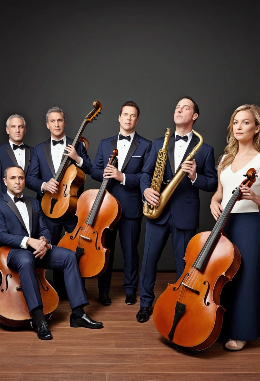 photorealistic image of a 12-piece mixed musical group
