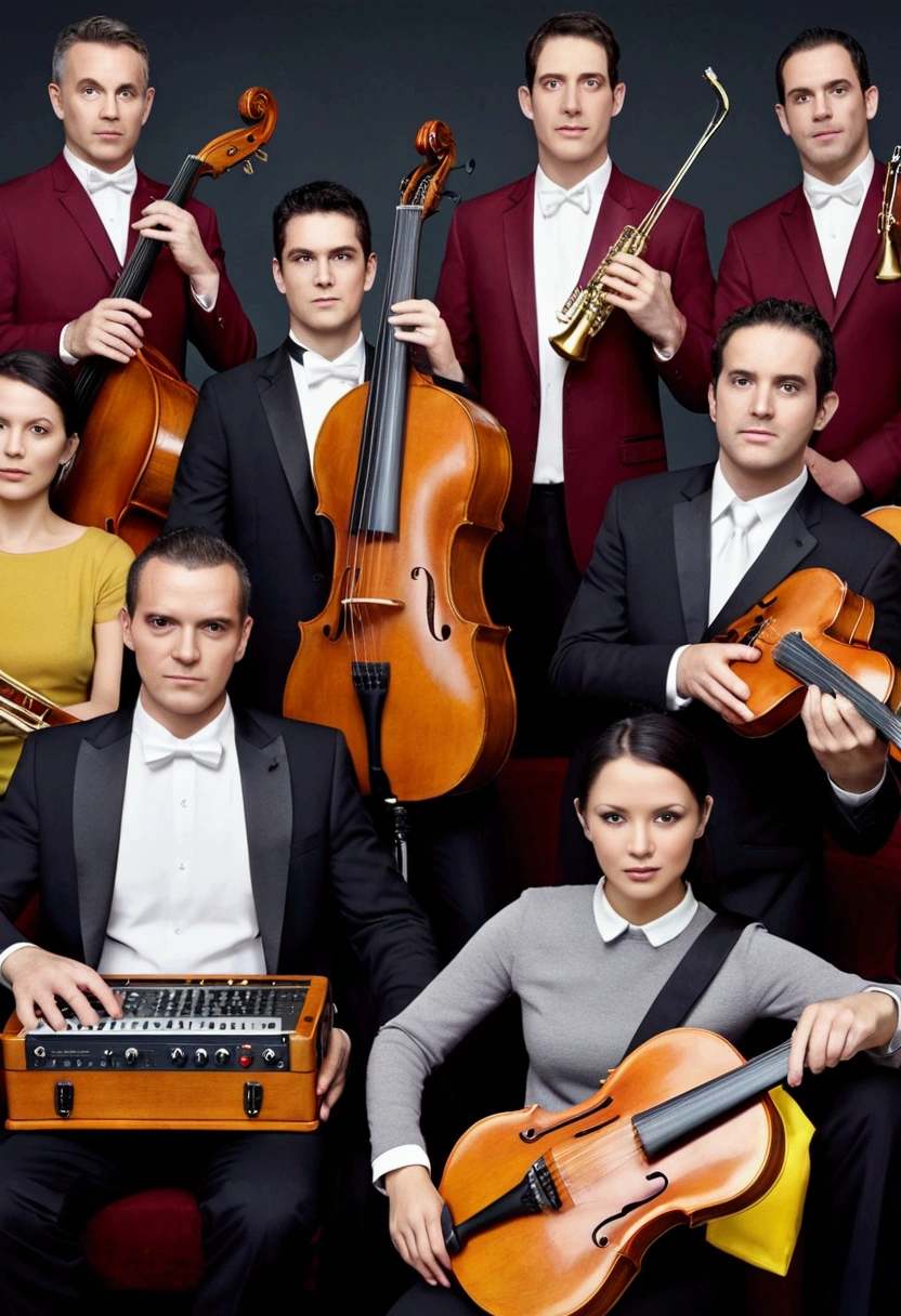 photorealistic image of a 12-piece mixed musical group