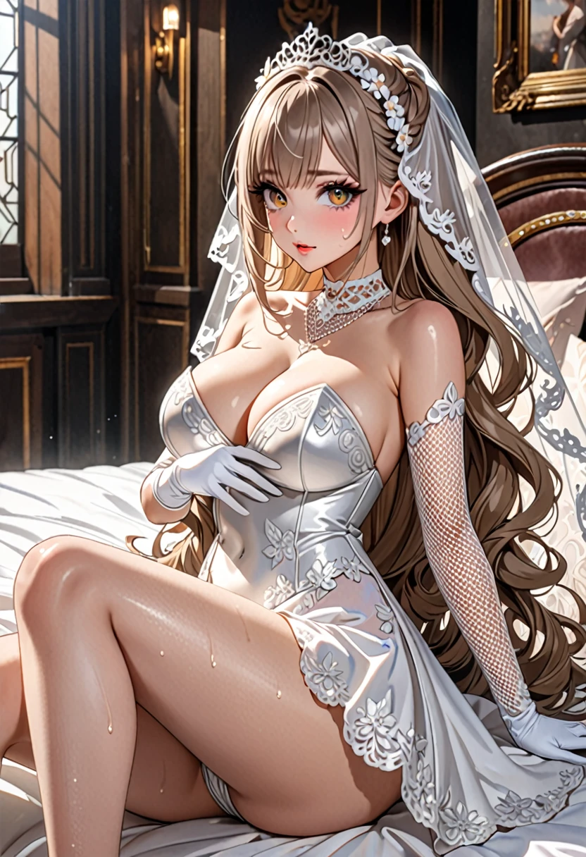 (((Highest quality, Ultra-high resolution、The most complex and detailed depiction)))、((masterpiece:1.3)), (8k, RAW Photos, Best image quality: 1.4), Very detailedな顔、Attention to detail、(Beautiful woman:1.4),(Realistic:1.4) (8k, RAW Photos,), (photo-Realistic:1.2), Very detailed, Beautiful attention to detail, (girl:1.3)、(((Bride in a silver wedding dress)))、Dark eyeliner、Eyelash length、False eyelashes、double eyelid、Brown eyes、Light fluorescent lip gloss, ((hostess:1.2))、(White wreath on head、Wedding Veil、Maria Bale))、Pink heart choker around the neck),(((open wedding dress)))、(((White Mesh Opera Gloves))),(Huge breasts:1.6),、(Cleavage:1.2)、(((Light brown hair、Braided hair、((Gather your hair at the back of your head,Put your hair up)))))、(Gal-style makeup、Dark eyeliner、Black eyeliner、Heavy eye makeup、Eyelash length、False eyelashes)、Big eyes、Large pupils、elongated nose、Heavy makeup、Face with gills、Spread your legs and face forward.、(((whole body)))、Spread your legs座る、Spread your legs、sexy、Glamorous Body、(Saggy breasts、Large saggy breasts)、((Sweat、Your body is wet))、(((Lie face up on the bed)),(Breastfeeding with your arms、Cover your crotch with your hands)、Small Head
