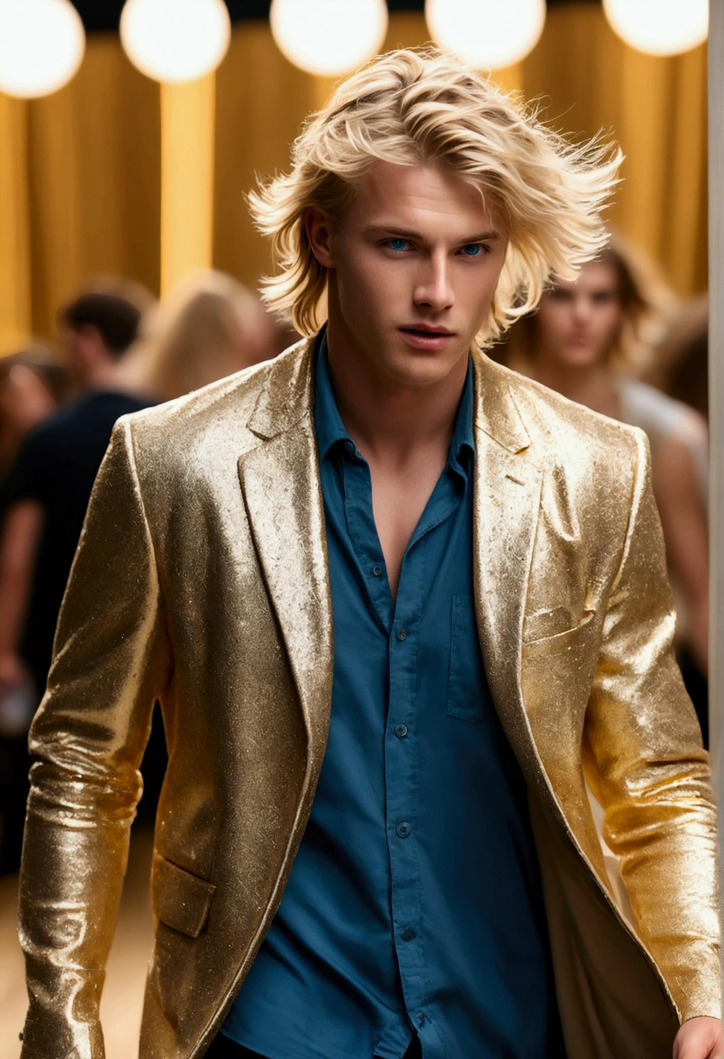 photo of a beautiful and stunning Australian man, blue colored eyes, short light blonde hair, messy and windy, shaking hair, close up zoomed in tight cropped portrait, walking through a (catwalk in a fashion show scene models people:1.2) wearing an (designer casual clothes:1.3) (Expensive cell phone in hand:1.3) (Lighting-Gold:1.2) background details of foreground objects (work of art:1.2) (photorrealistic:1.2) (bokeh:1.2) (best qualityer) (color grading) (skin detailed:1.3) (Intricate) (8k) (HDR) (cinematic lighting:1.3) (sharp focus), cabelo messy and windy
