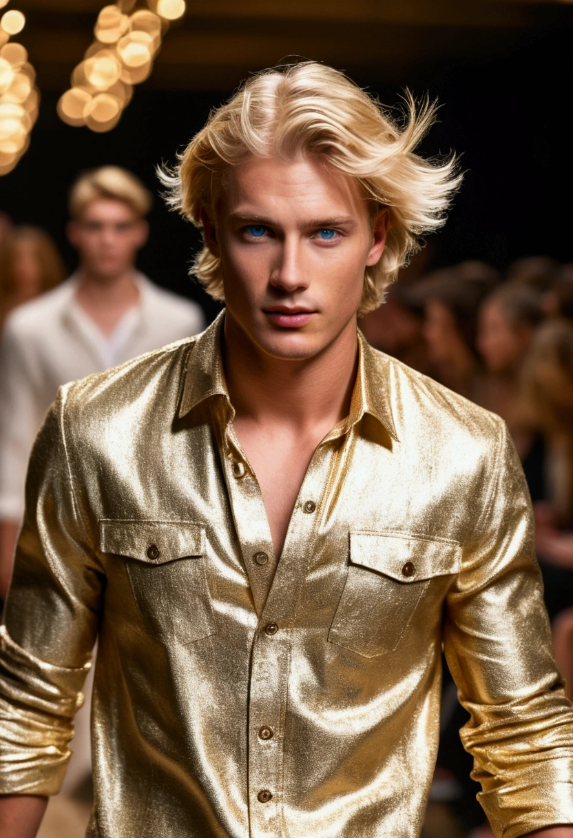 photo of a beautiful and stunning Australian man, blue colored eyes, short light blonde hair, messy and windy, shaking hair, close up zoomed in tight cropped portrait, walking through a (catwalk in a fashion show scene models people:1.2) wearing an (designer casual clothes:1.3) (Expensive cell phone in hand:1.3) (Lighting-Gold:1.2) background details of foreground objects (work of art:1.2) (photorrealistic:1.2) (bokeh:1.2) (best qualityer) (color grading) (skin detailed:1.3) (Intricate) (8k) (HDR) (cinematic lighting:1.3) (sharp focus), cabelo messy and windy
