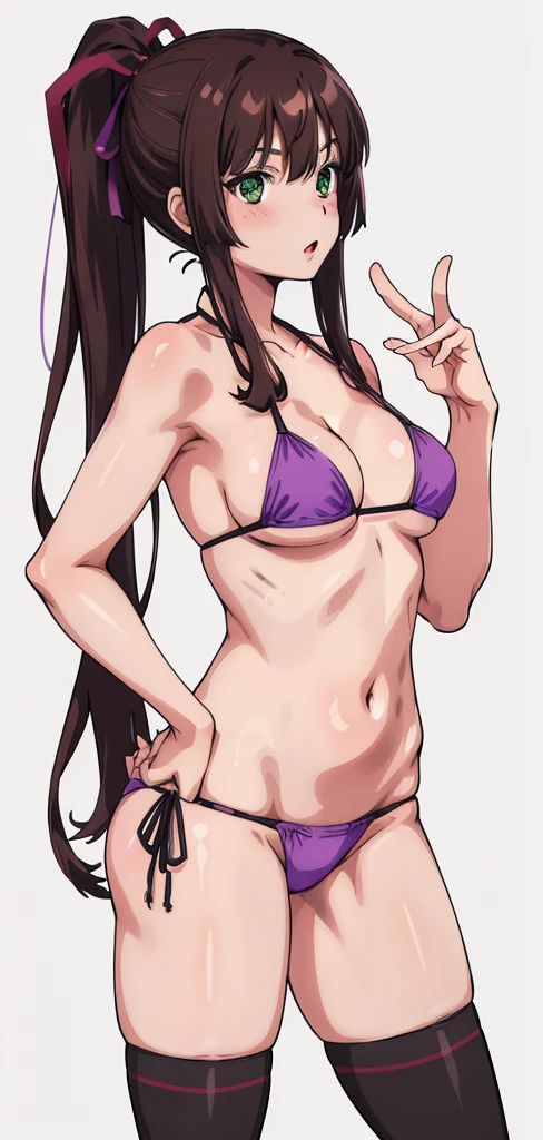 masterpiece, best quality,1girl,solo,kirasaka sayaka,brown hair,long hair,ponytail, hair ribbon, green eyes,,purple thighhighs, wariza, (bikini).