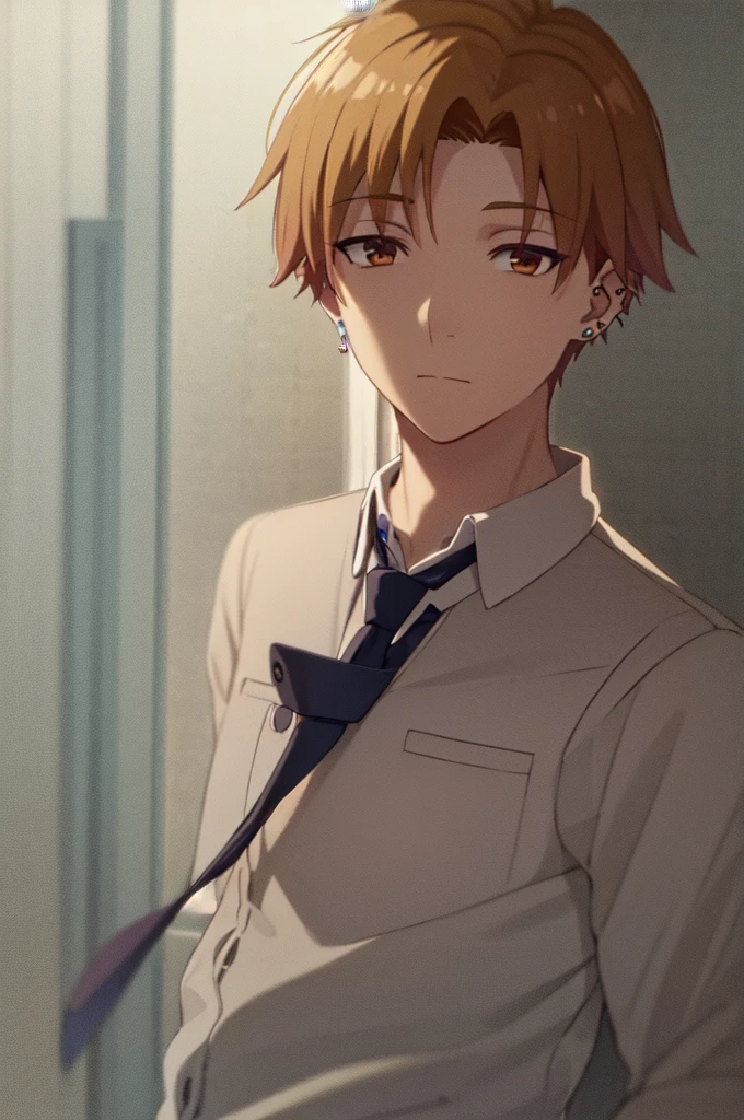 Masterpiece, best quality, 1boy, upper body, necktie, ((ear piercing)), closed mouth, simple backround, blonde hair, short hair, brown eyes, looking at viewer, face