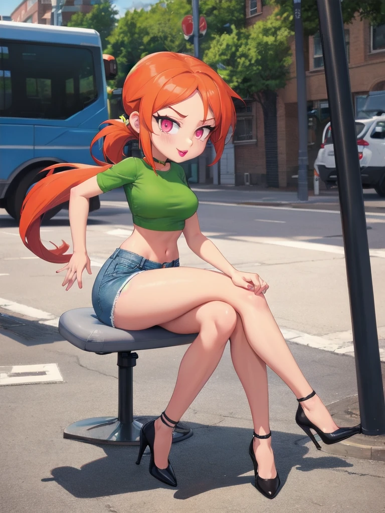  wide hips, thighs, Vicky, ponytail, lipstick, midriff, 1girl, green crop top, pink eyes, micro short denim, orange hair ,solo girl, sitting, crossing legs high heels