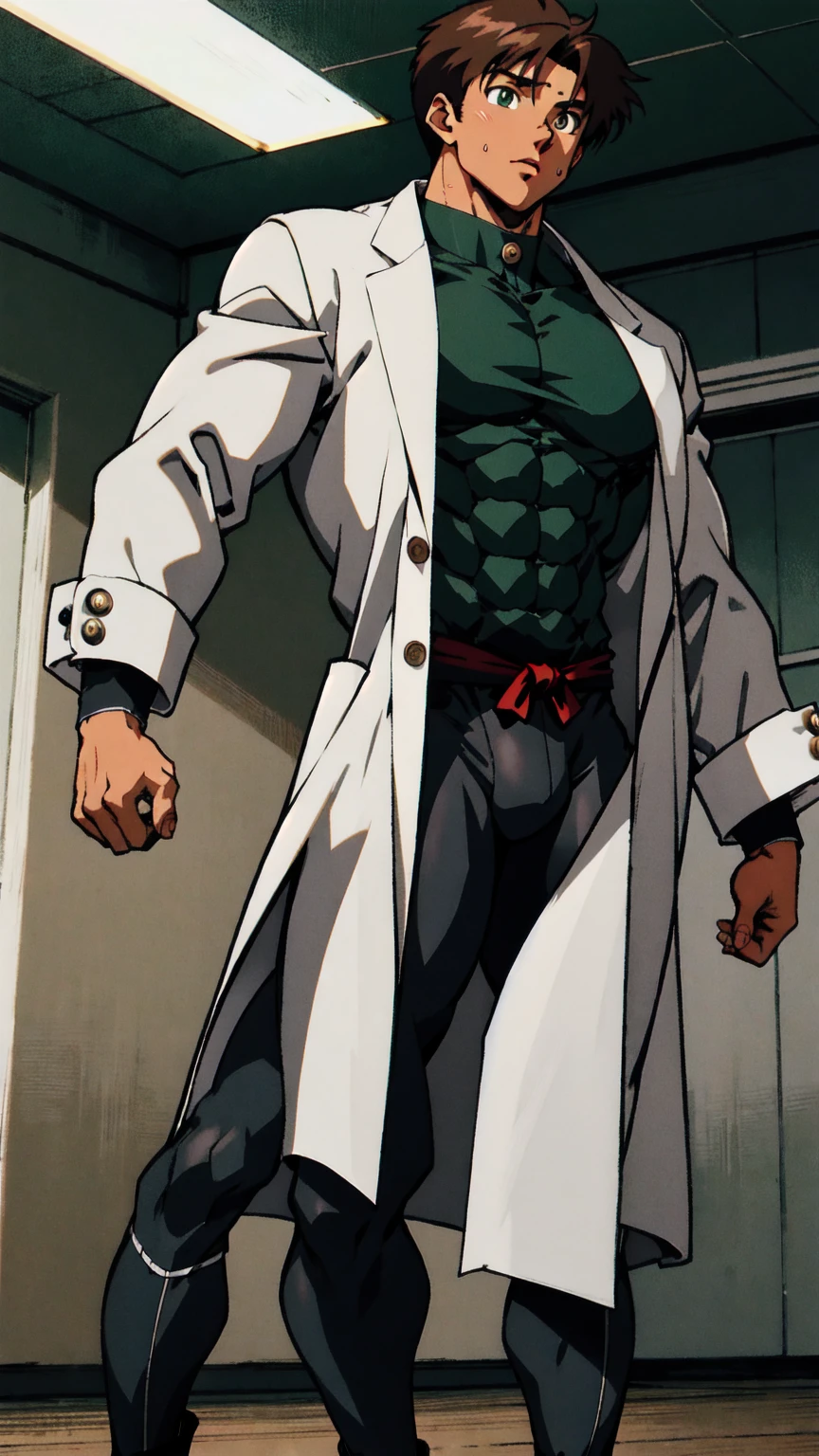 young man, {( (face) similar to Shinji Ikari)}, (((youthful))), (passionate), (softhearted), (socially awkward), (meek), (bashful), (dorky), (doglike), 19-year-old, ( (combed) parted (dark brown hair) ), (glossy light skin), ( ((big)) ((tired)) (green eyes) ), (((doctor))), (((fighter))), ( (skintight) (long sleeve) (black) ((compression shirt)) ), ( (tight) (dark gray) ((compression pants)) ), ( (brown) ((combat boots)) ), ( (tight) (light gray) ((lab coat)) (with buttons) ), (huge bulge in pants), tall, ripped, shredded, amazing physique, strong body, toned abs, toned pecs, big round shoulders, toned quadriceps, well-toned muscles, well-trained muscles, powerful muscles, peak condition, vascular, high muscle mass, sweating, sweaty, training in a dojo alone, tense atmosphere, amazing lighting, backlight, ((masterpiece)), ((full shot)), ((90s anime))