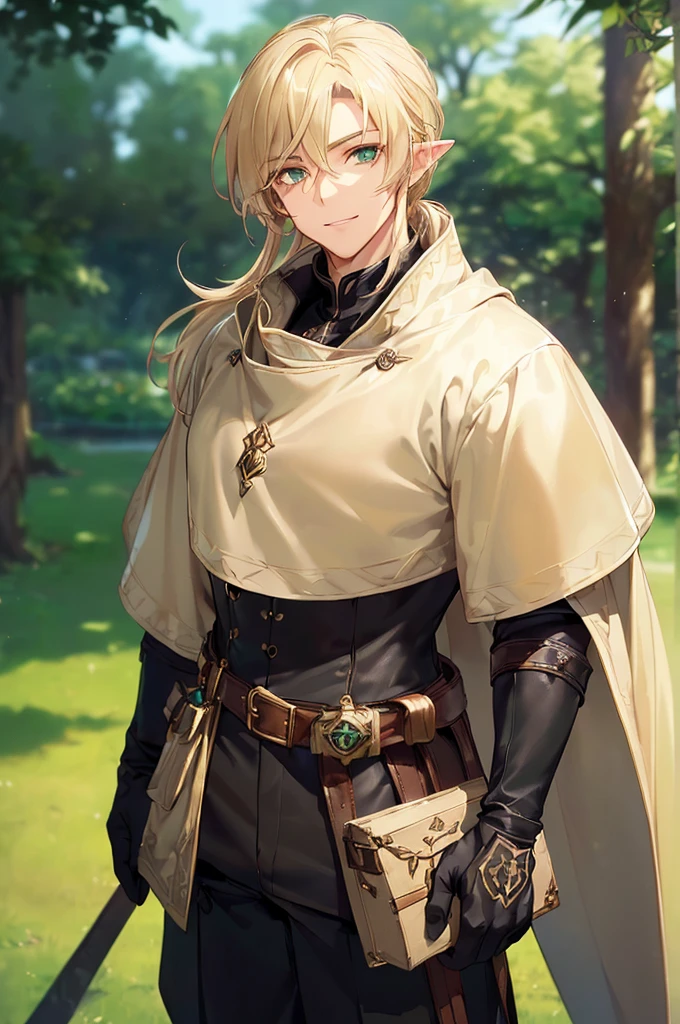 (((masterpiece; best quality: 1.2))), (finely detailed eyes: 1.3), (25 year old elf man), (solo), (green eyes: 1.4), (body; toned, fit, masculine: 1.3), (silky blonde hair in low ponytail: 1.3), (beautiful and clear background: 1.2), ((depth of field)), (equipment: adventurer garb + modest + elegant wide-brim hat + dark coat + light-colored tunic + dark long cape + black pants + gloves + belt + pouches: 1.3), (anime illustration: 1.2), (background composition; royal garden: 1.1), (extremely fine and handsome: 1.1), (shot composition; standing + centered on torso + close-up: 1.5), (expression; calm, smile: 1.2)
