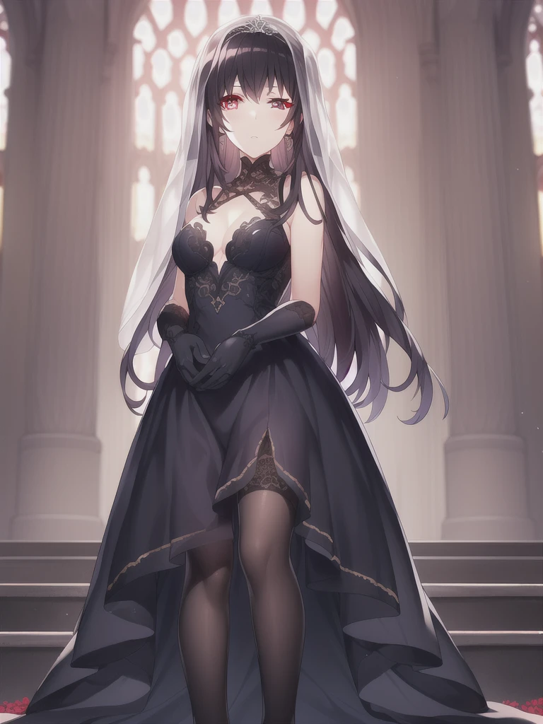 A girl，，Long hair, Bangs, black hair, Hair between the eyes, Purple Eyes:（1.5),  (Medium breasts:1.2), 
rest  锁骨, Wedding dress，veil，wedding，Black dress，Flowers，dress，Black socks，Black knee socks，Black gloves，Long boots，Cleavage，
Looking at the audience, whole body, Open your mouth，lol，
indoors, church，permanent，permanent，微lol，With one eye closed，
rest (masterpiece:1.2), best quality, high resolution,  8k wallpaper, (illustration:0.8), (Beautiful and delicate eyes:1.6), Extremely detailed face, Perfect lighting, Extremely detailed CG, (Perfect hands, Perfect anatomical structure),