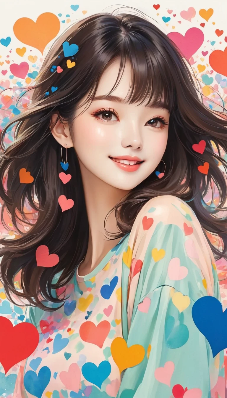 Mai Yoneyama style, Simple line initials，Abstract art, Colorful Hearts ,(((The most beautiful girl of all time))), (((Cute amoeba))), nap、The best smile