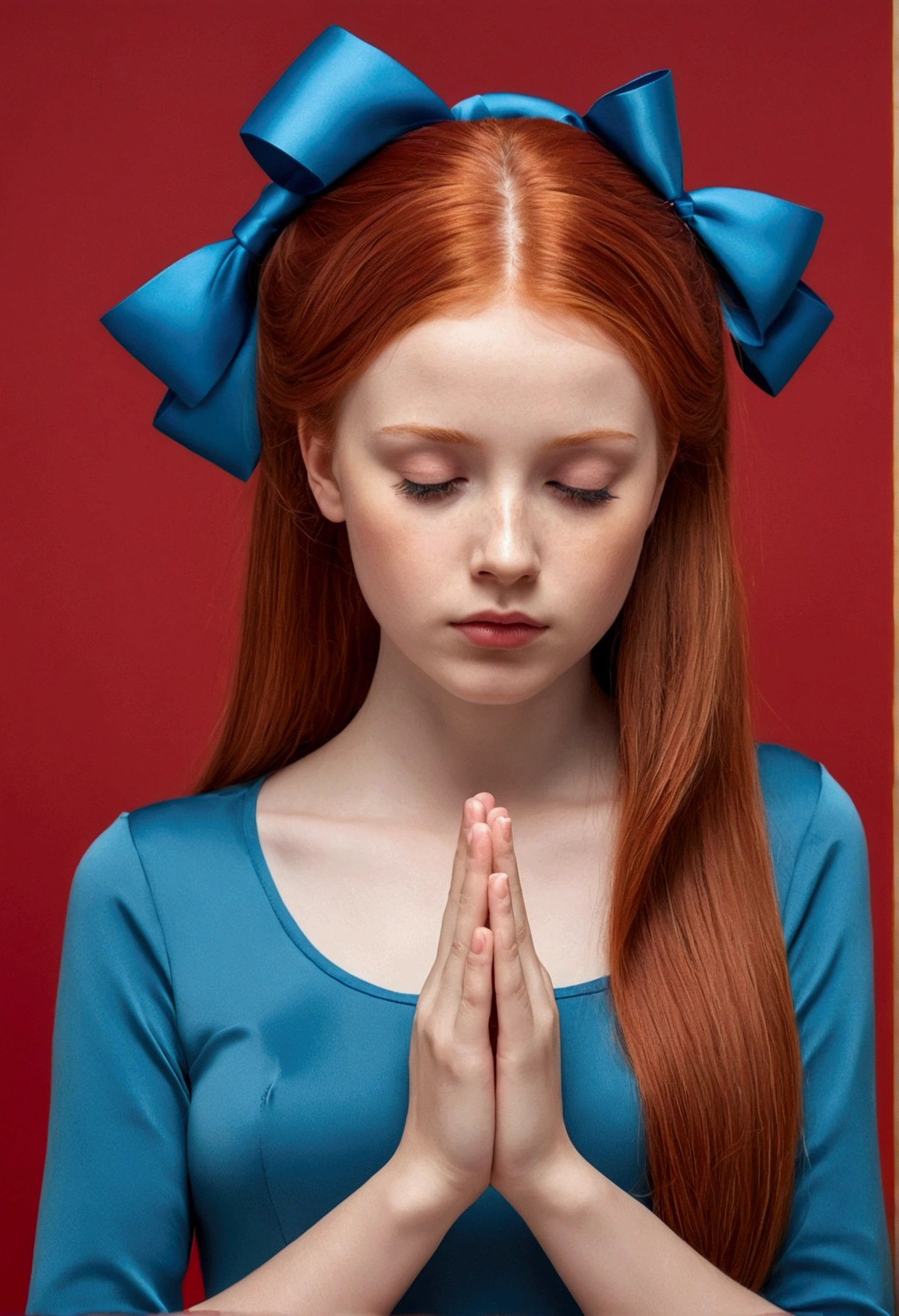 REDHEAD GIRLS WITH STRAIGHT HAIR ON THE HEAD BLUE BOWS, praying, Red background,