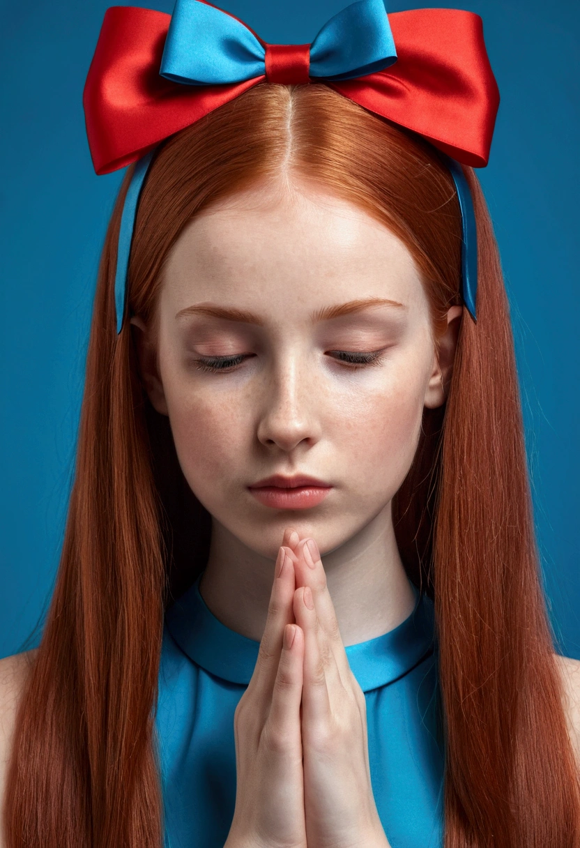 REDHEAD GIRLS WITH STRAIGHT HAIR ON THE HEAD BLUE BOWS, praying, Red background,