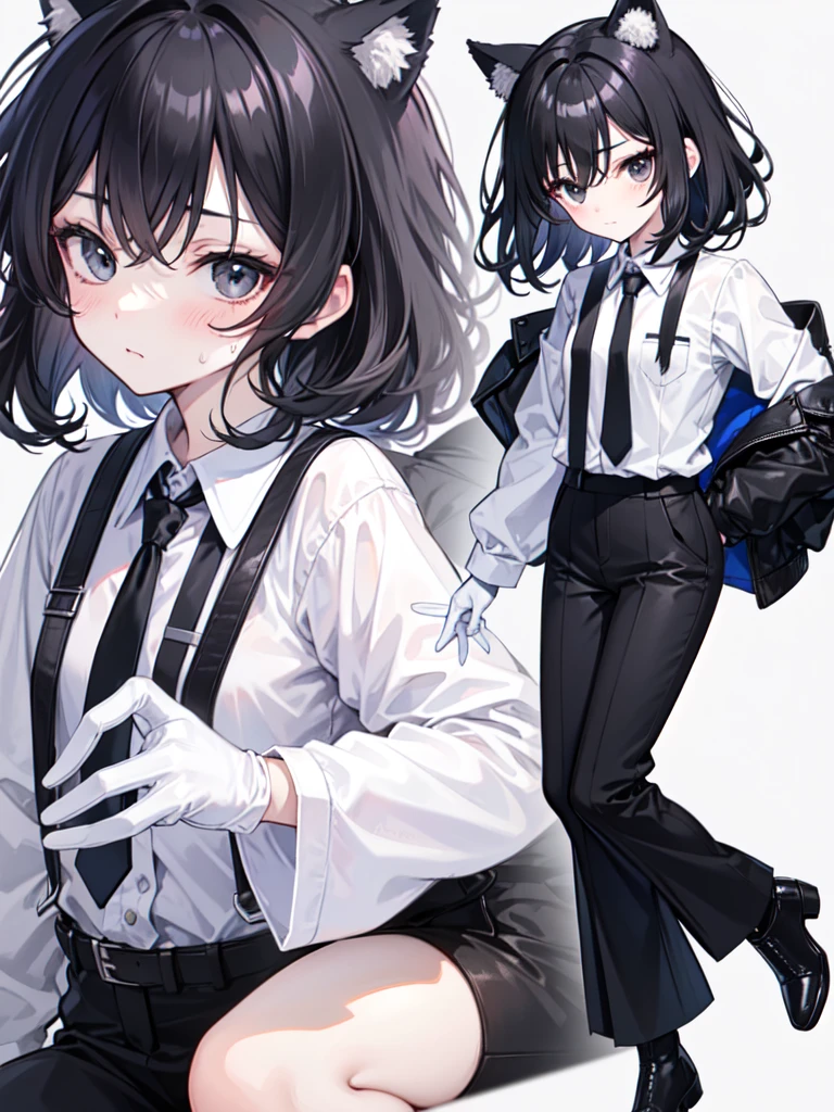18-year-old Shota，cute，Wear a white long-sleeved shirt and a black work tie，Wear black pants，Wear black booties，Wear white gloves，wear cat ear，Black hair，Black eyes，Very thin legs，The waist is very thin，blush，sweat，Fear，Unwilling，comfortable，????，close-up photo