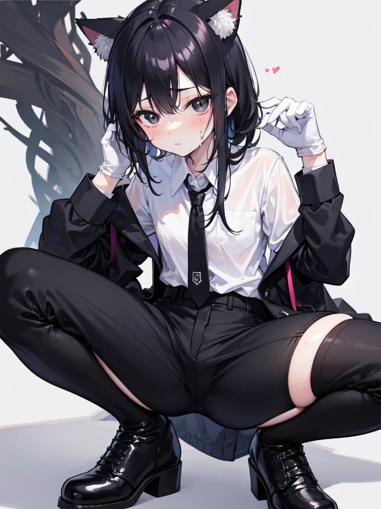 18-year-old Shota,cute,Wear a white long-sleeved shirt and a black work tie,Wear black pants,Wear black booties,Wear white gloves,wear cat ear,Black hair,Black eyes,Very thin legs,The waist is very thin,blush,sweat,Fear,Unwilling,comfortable,porn,close-up photo