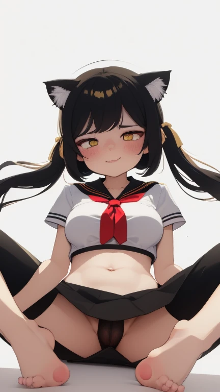 work of art, highest quallity, super verbose, contemporary, dynamic、 perspective from below, (White background:1.5), 1 only, erotic, hentai, How, partially dismissed, low length, breasts small, (Bblack hair:1.3), Twintails longos, (gold eyes:1.3), ssmile,  sister, Stomach, , black mini skirt, female brat, White sailor costume, (kitten:1.3), Red loop、cute、Close  up, , 1 boy, big penis, vaginal sex 