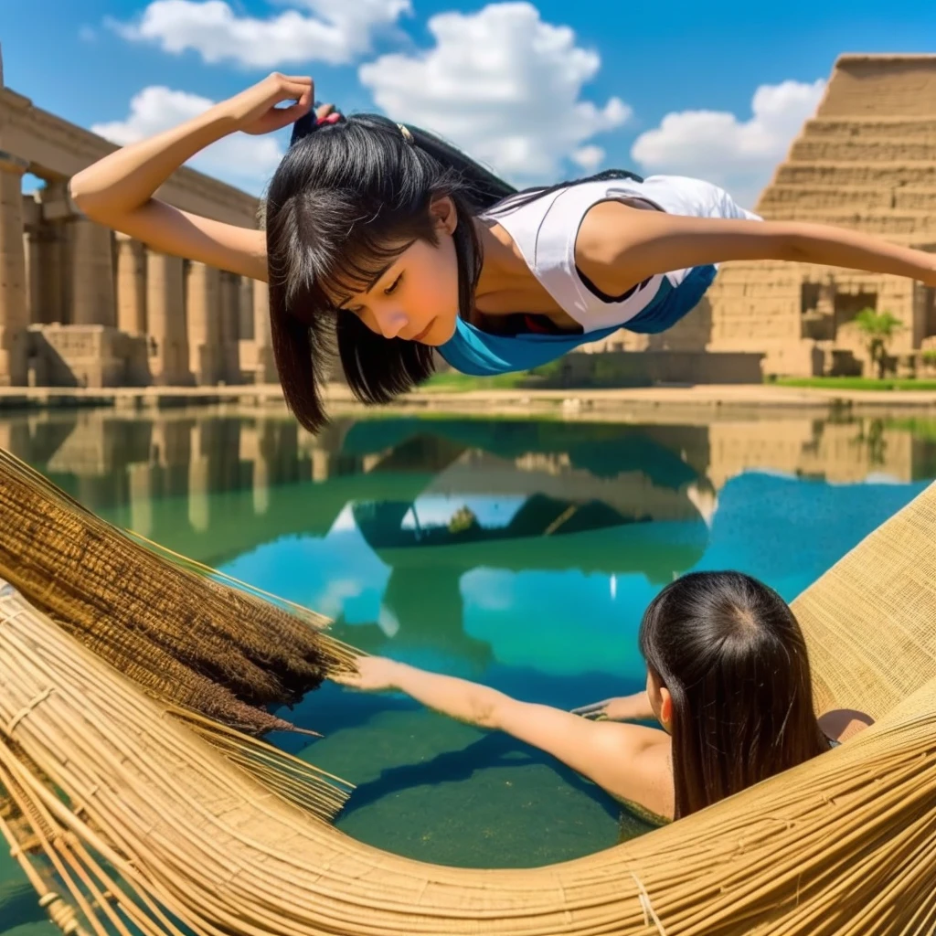 かわいいAncient Egyptの15歳の女の子、Ancient Egypt、View of the Nile、A colorful view of the whole、whole body、Low - Angle、Standing posture、Reeds are growing、Ancient Egyptの船、Ancient Egyptの風景
