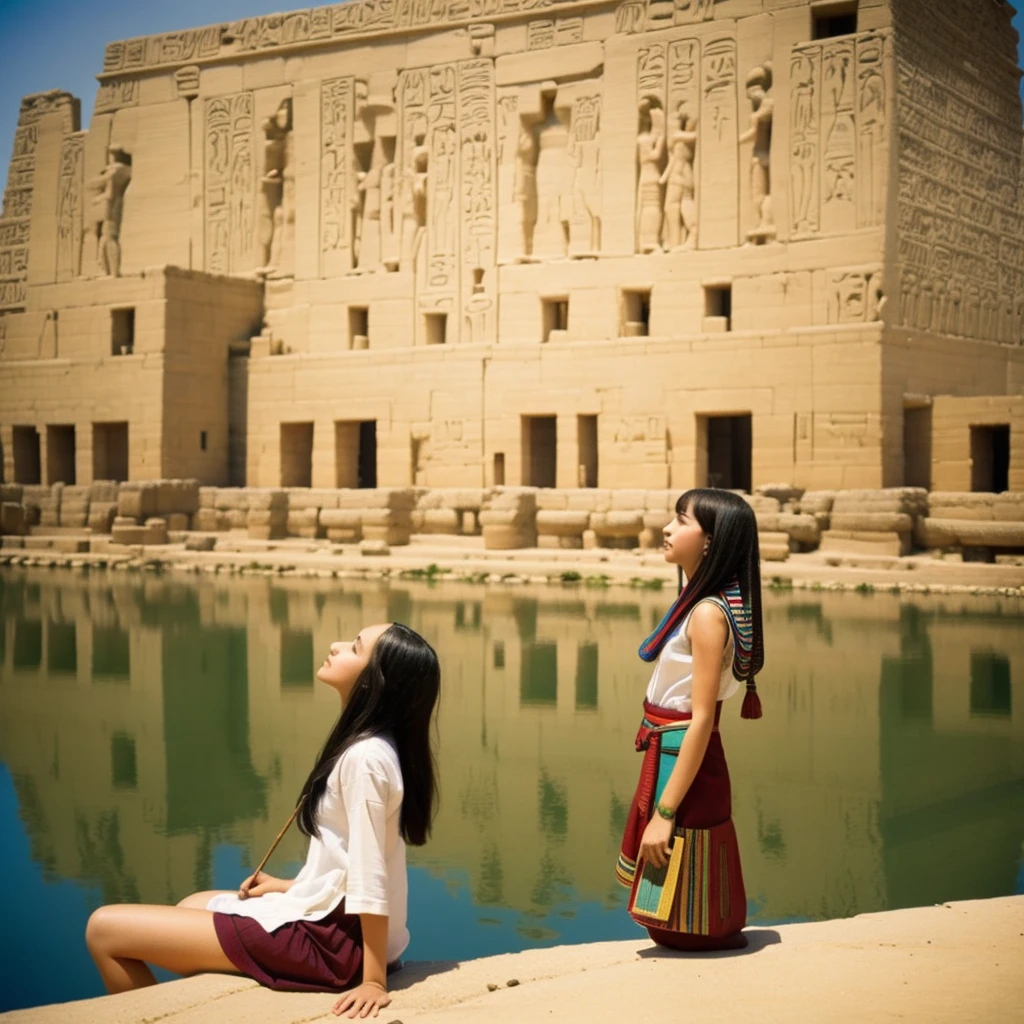 かわいいAncient Egyptの15歳の女の子、Ancient Egypt、View of the Nile、A colorful view of the whole、whole body、Low - Angle、Standing posture、Reeds are growing、Ancient Egyptの船、Ancient Egyptの風景
