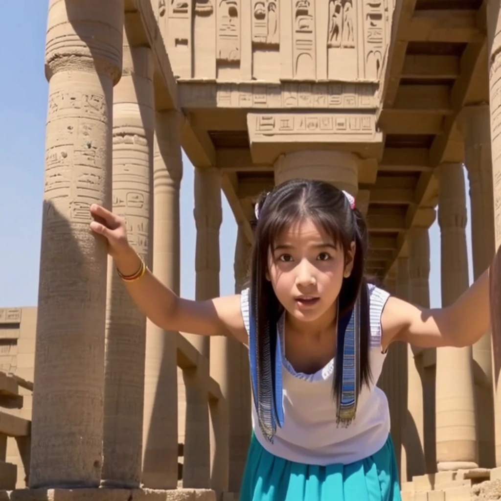 かわいいAncient Egyptの15歳の女の子、Ancient Egypt、View of the Nile、A colorful view of the whole、whole body、Low - Angle、Standing posture、Reeds are growing、Ancient Egyptの船、Ancient Egyptの風景
