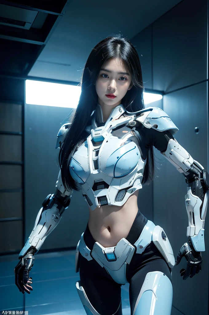 best quality, 1080P, Masterpiece, Whole body photo, Ultra high resolution, photorealistic photo, ultra realism, Realistic skin texture, Blue Hair, Extreme skin detail, dslr, Detailed eyes, Facing the camera, Very beautiful face, Firm facial structure, Pale skin, Realistic skin texture, Extreme skin detail, oc render reflection textures, Realistic light and shadow, One picture, alone, The body is slender and balanced.., Age 20, Height 170, สาวbare, bare, no underwear, A girl with the body of a mechanical robot.., Transparent futuristic black glass mech armor., Transparent light blue armor, The mechanical cervix is stuck in the neck.., Flat stomach, Woman with perfect mechanical arms and legs, full body view, Whole body photo,