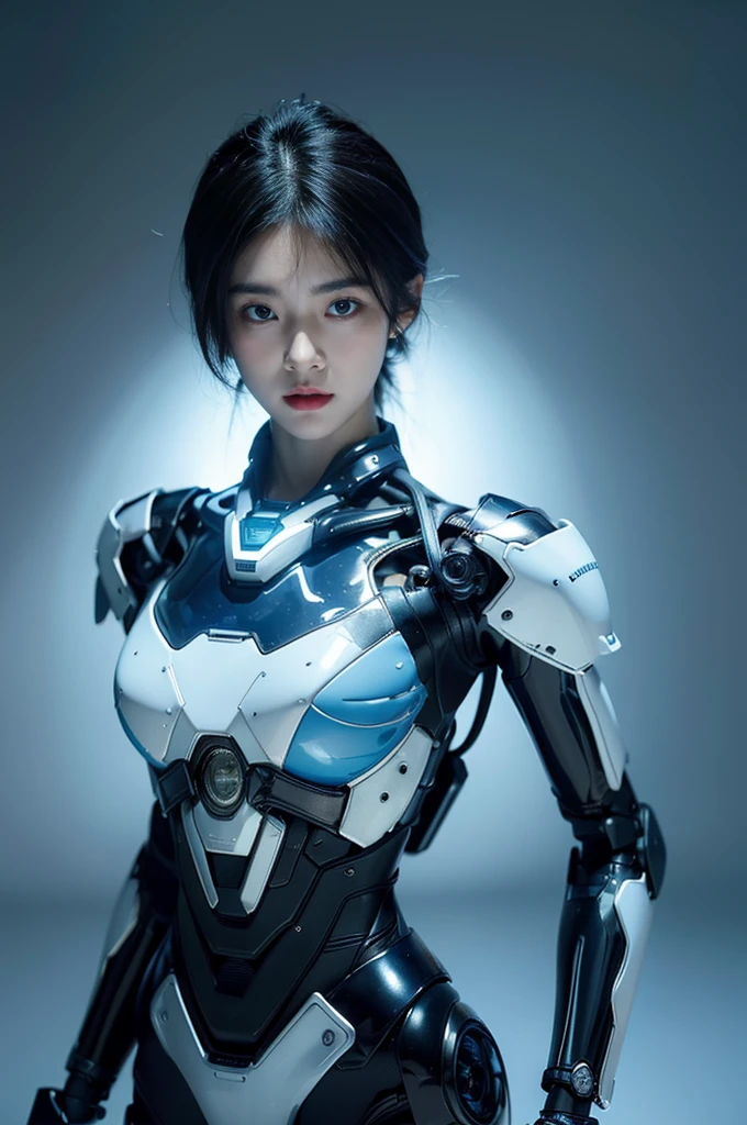 best quality, 1080P, Masterpiece, Whole body photo, Ultra high resolution, photorealistic photo, ultra realism, Realistic skin texture, Blue Hair, Extreme skin detail, dslr, Detailed eyes, Facing the camera, Very beautiful face, Firm facial structure, Pale skin, Realistic skin texture, Extreme skin detail, oc render reflection textures, Realistic light and shadow, One picture, alone, The body is slender and balanced.., Age 20, Height 170, สาวbare, bare, no underwear, A girl with the body of a mechanical robot.., Transparent futuristic black glass mech armor., Transparent light blue armor, The mechanical cervix is stuck in the neck.., Flat stomach, Woman with perfect mechanical arms and legs, full body view, Whole body photo,