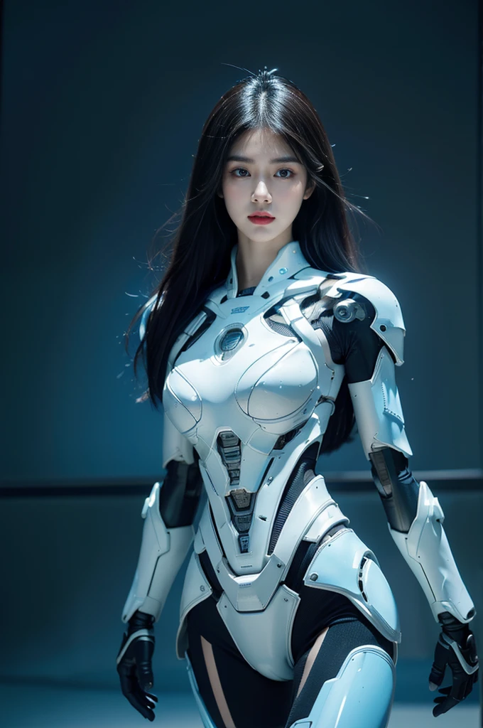 best quality, 1080P, Masterpiece, Whole body photo, Ultra high resolution, photorealistic photo, ultra realism, Realistic skin texture, Blue Hair, Extreme skin detail, dslr, Detailed eyes, Facing the camera, Very beautiful face, Firm facial structure, Pale skin, Realistic skin texture, Extreme skin detail, oc render reflection textures, Realistic light and shadow, One picture, alone, The body is slender and balanced.., Age 20, Height 170, สาวbare, bare, no underwear, A girl with the body of a mechanical robot.., Transparent futuristic black glass mech armor., Transparent light blue armor, The mechanical cervix is stuck in the neck.., Flat stomach, Woman with perfect mechanical arms and legs, full body view, Whole body photo,