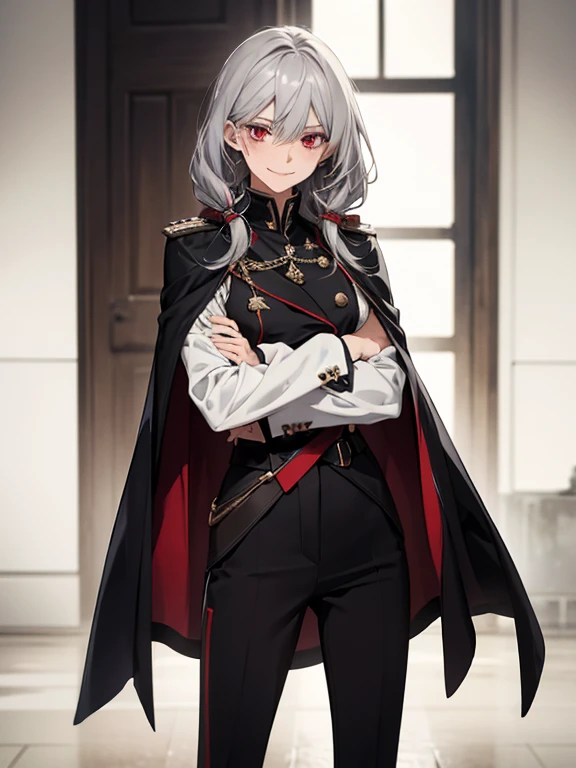 (Confused, High resolution, Very detailed), 1 female, Silver Hair,Shortcuts,Bright red eyes,White and black military uniform,24th generation,beauty,mature,thin,quiet,Calm,A small smile,A kind smile,Embarrassed smile,In front of the person I like,Long Cape,Slender and thin,boots,skinny pants,grassland,Small breasts,