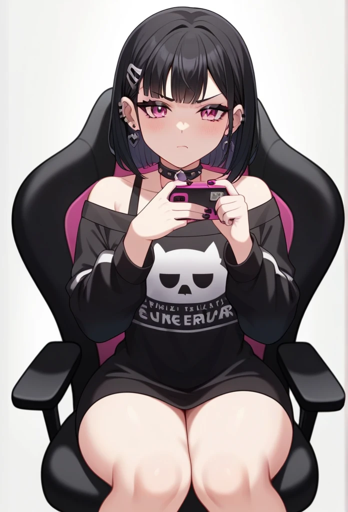 Adult, Female, Black hair, pink eyes, goth girl, gothic, goth clothing, goth make up, thick thighs, medium chest, annoyed, disgruntled, sitting in gaming chair, gt racing chair, black and white chair, bedroom, gothic bedroom, aesthetic bedroom, Masterpiece, Accurate, Anatomically Correct, Best Quality, High Details, Detail, Super Detailed, Best detail, Perfect detail, Amazing detail, [-3, 3], perfect hands, best hands, best fingers, perfect fingers, perfect body, best body, amazing body, Looking at viewer, front facing, upper body shot,