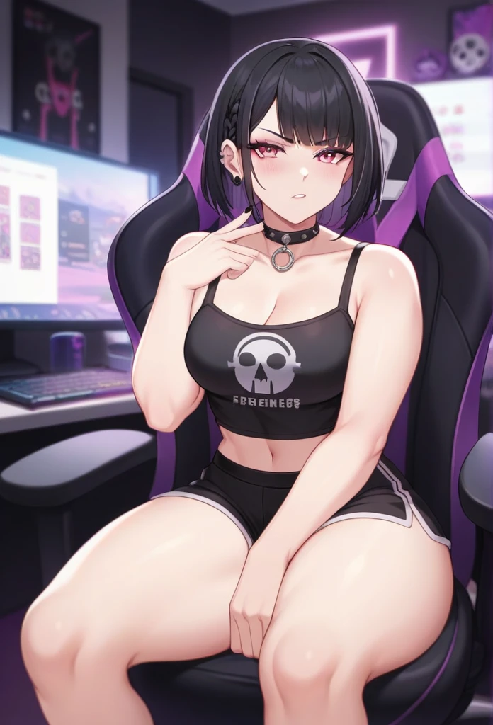 Adult, Female, Black hair, pink eyes, goth girl, gothic, goth clothing, goth make up, thick thighs, medium chest, annoyed, disgruntled, sitting in gaming chair, gt racing chair, black and white chair, bedroom, gothic bedroom, aesthetic bedroom, Masterpiece, Accurate, Anatomically Correct, Best Quality, High Details, Detail, Super Detailed, Best detail, Perfect detail, Amazing detail, [-3, 3], perfect hands, best hands, best fingers, perfect fingers, perfect body, best body, amazing body, Looking at viewer, front facing, upper body shot,