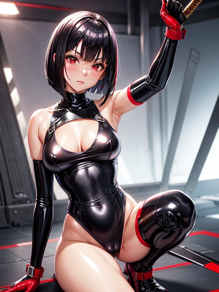 solo girl,Glossy metalic light silver tank top, tight latex shiny, Red interpolation color,Black hair bob,red eyes, camel toe, Samurai Sword,
Lift one leg, sexy lady, โชว์กางเกงใน girl,